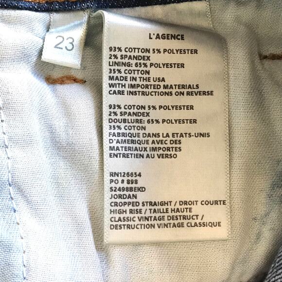 L’Agence Jordan Cropped Straight High Rise Denim Jeans Size 23 Vintage Destruct - Picture 13 of 16